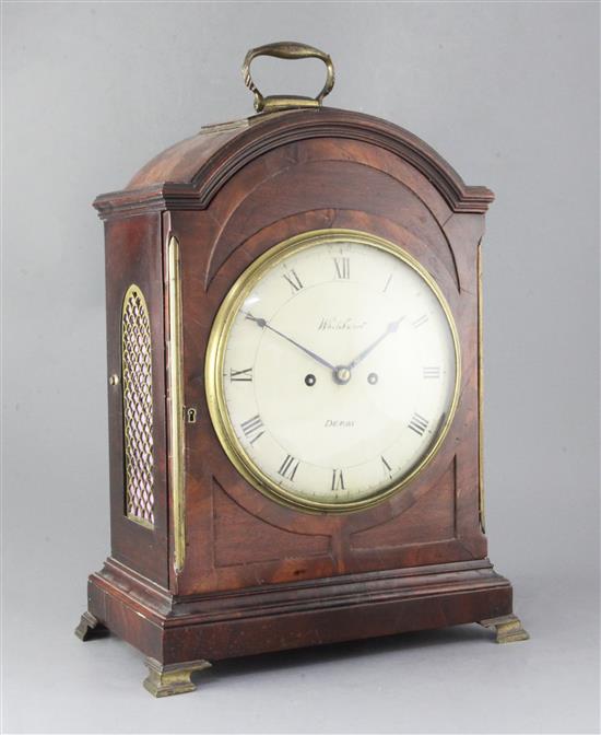 An early 19th century single pad top mahogany table clock, height 19in.